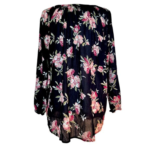 Chaps black pink floral peasant blouse Women’s 2XL boho tunic top long sleeve - Picture 2 of 8